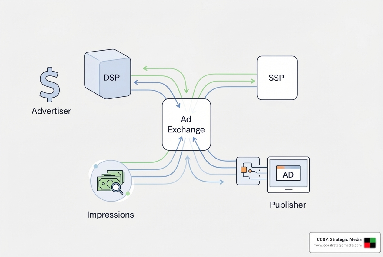 Diagram illustrating the flow of programmatic advertising, showing advertisers connecting to DSPs, which bid on ad impressions through ad exchanges, which in turn connect to SSPs and publishers, ultimately delivering ads to users. - Advertising technology solutions Diagram illustrating the flow of programmatic advertising, showing advertisers connecting to DSPs, which bid on ad impressions through ad exchanges, which in turn connect to SSPs and publishers, ultimately delivering ads to users. - Advertising technology solutions