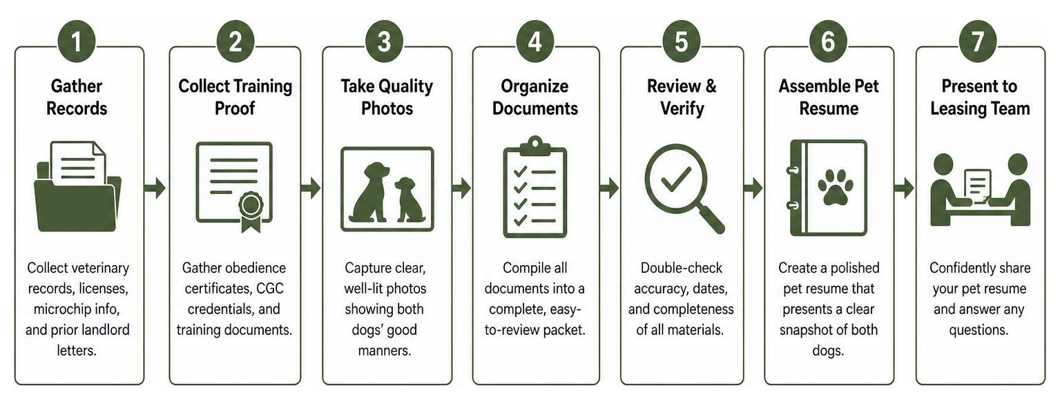Sequence chart outlining the complete pet resume preparation process from gathering records to presenting to leasing teams