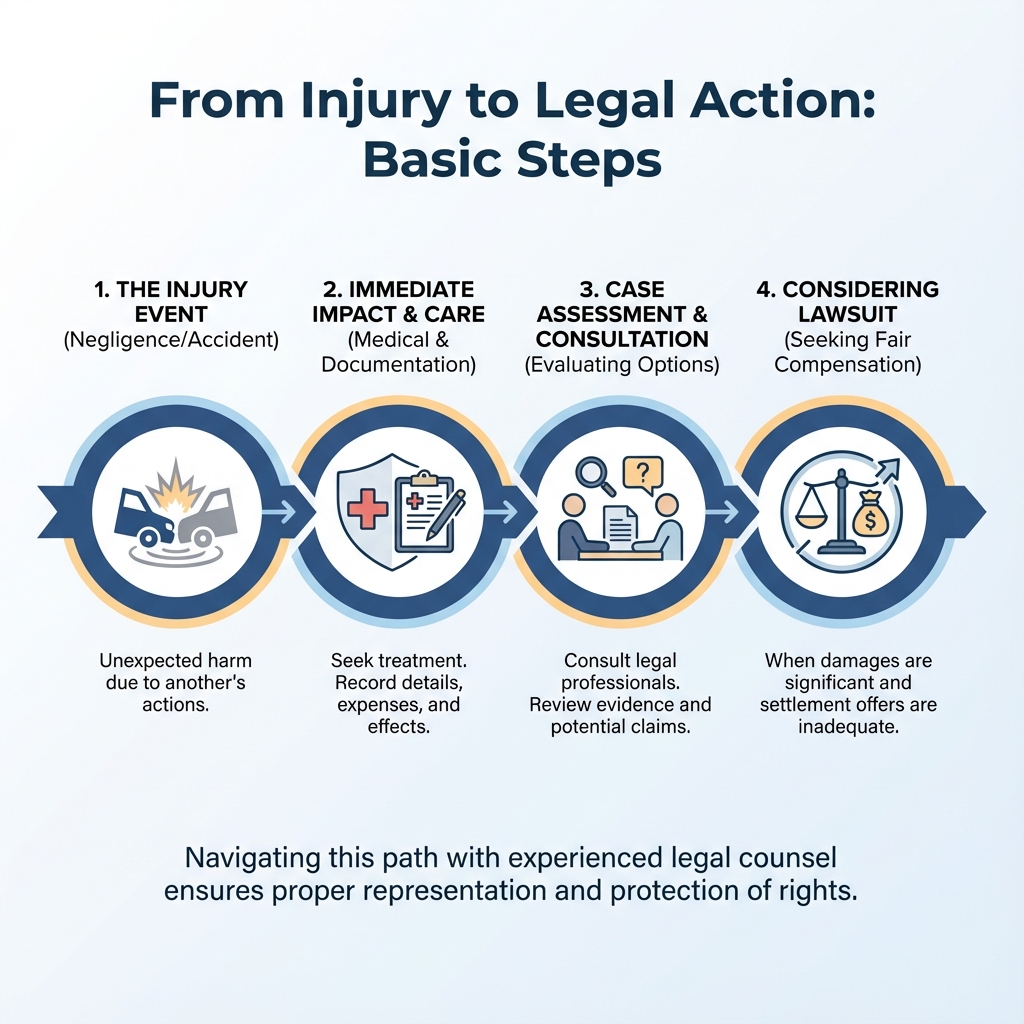 Infographic explaining the basic steps from injury to considering a lawsuit - personal injury law firms infographic 