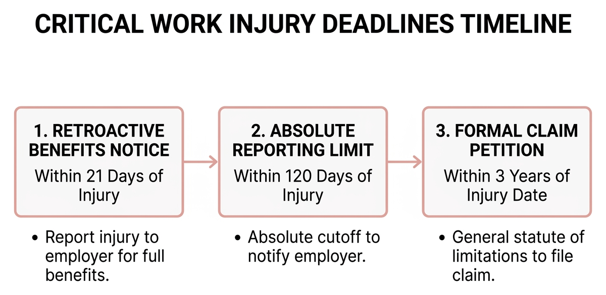 Work injury deadline timeline: 21-day notice, 120-day limit, 3-year claim petition Work injury deadline timeline: 21-day notice, 120-day limit, 3-year claim petition