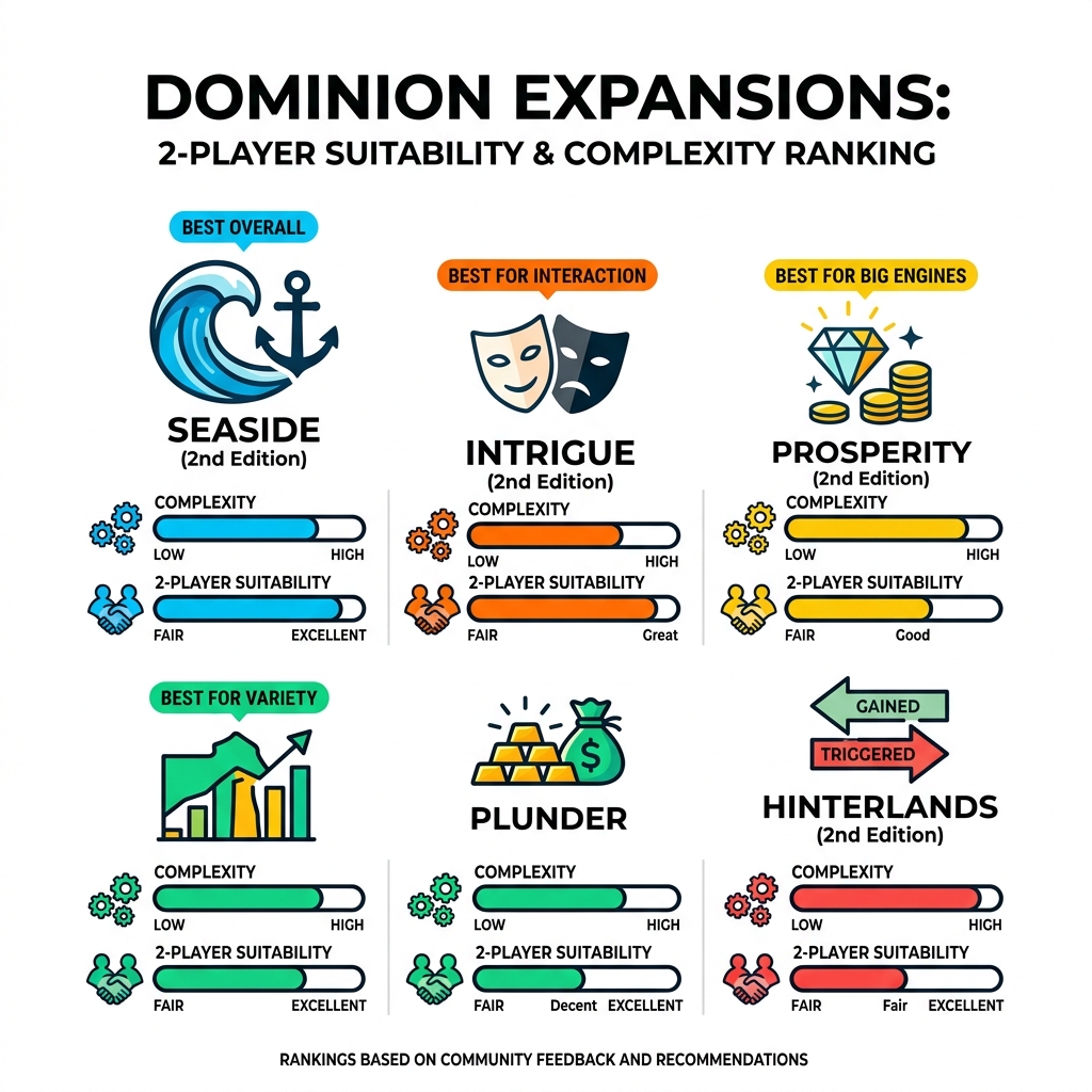 Dominion expansion types ranked by complexity and 2-player suitability - best dominion expansion for 2 players infographic Dominion expansion types ranked by complexity and 2-player suitability - best dominion expansion for 2 players infographic