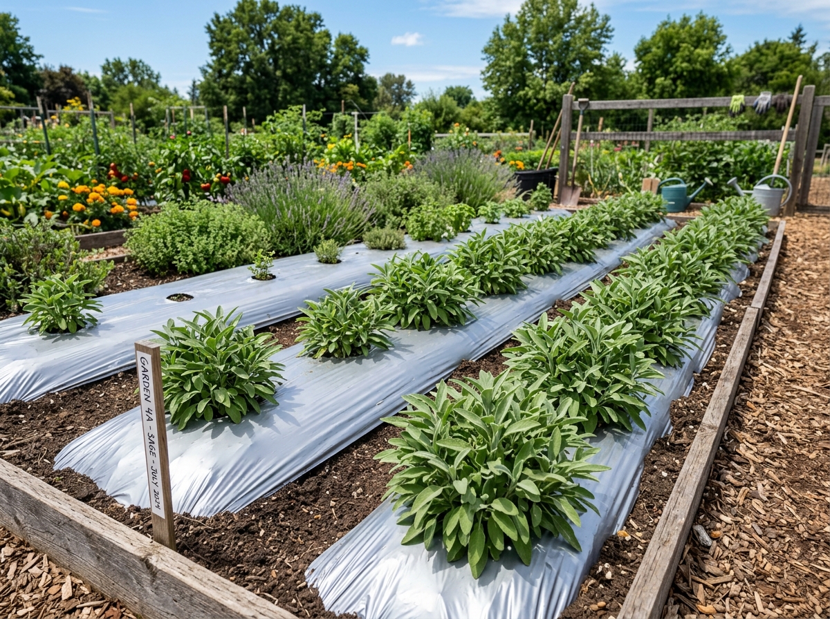 Silver plastic mulch installed around herb rows in a garden bed - sage leafhopper reflective mulch Silver plastic mulch installed around herb rows in a garden bed - sage leafhopper reflective mulch