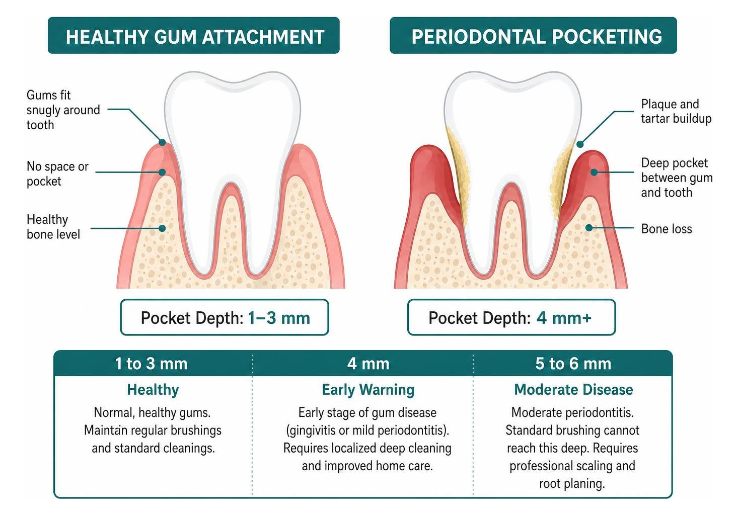 Comparison of healthy gum attachment vs periodontal pocketing