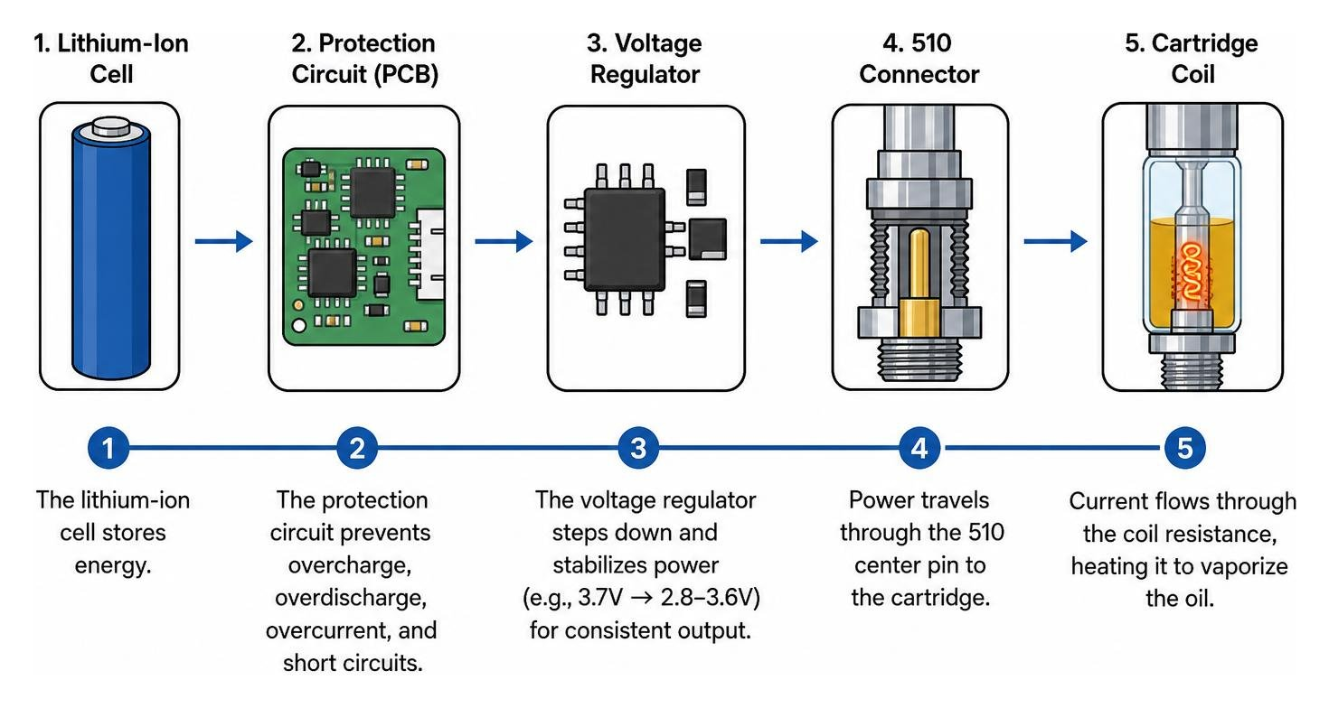 Diagram showing the power transfer path from the lithium-ion cell through the regulator to the 510 center pin and cartridge Diagram showing the power transfer path from the lithium-ion cell through the regulator to the 510 center pin and cartridge