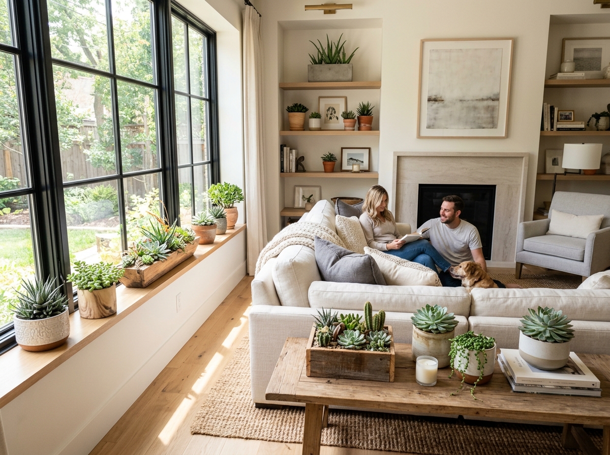 modern living room with succulent accents - live succulent arrangements