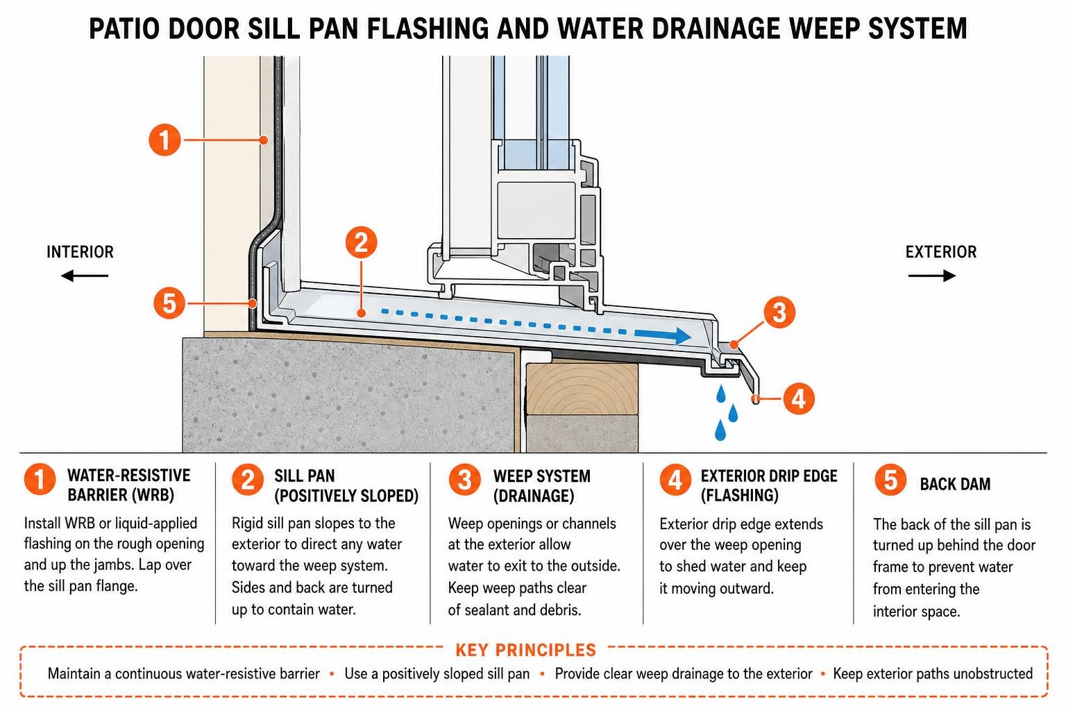 Patio door sill pan flashing and water drainage weep system
