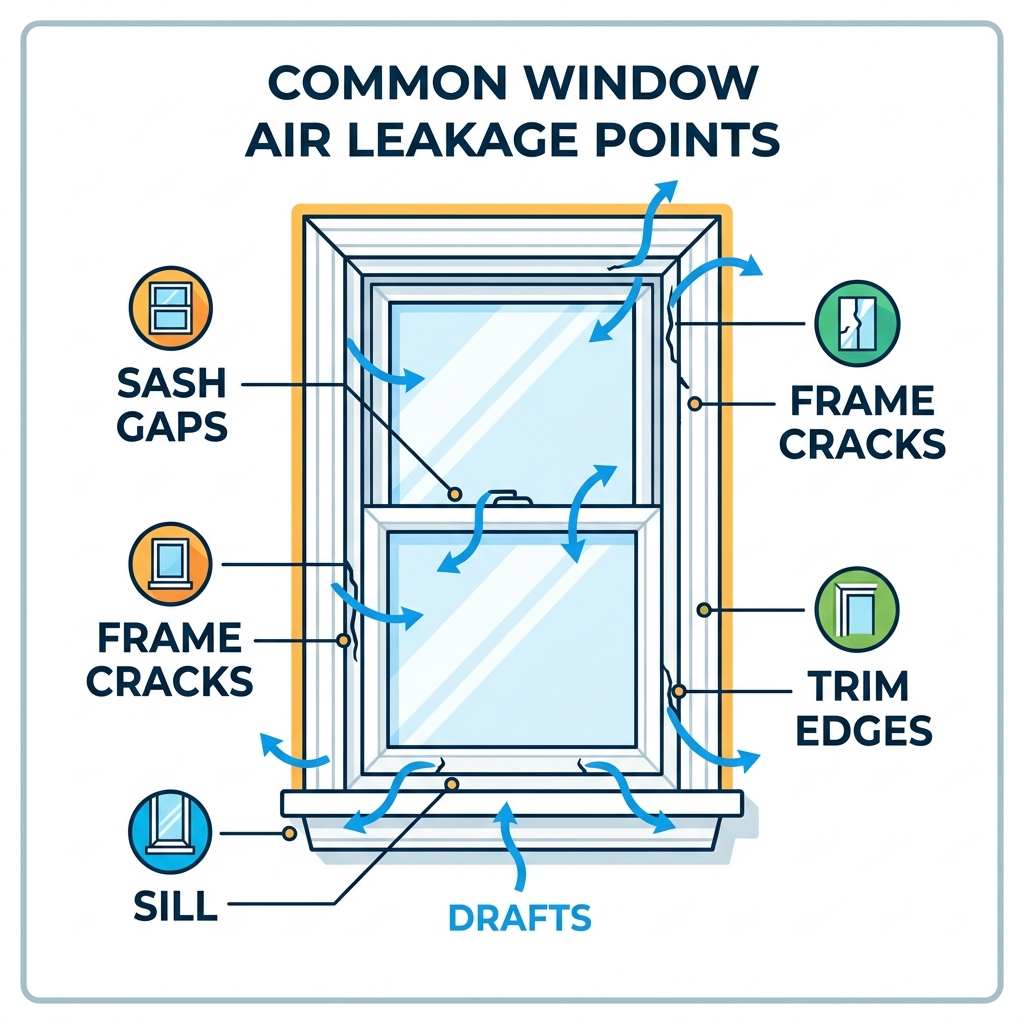 common air leakage points in a residential window with labels for sash gaps, frame cracks, sill, and trim edges - best way