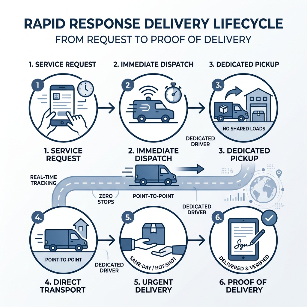 Rapid response delivery lifecycle from request to proof of delivery infographic - rapid response courier service infographic 