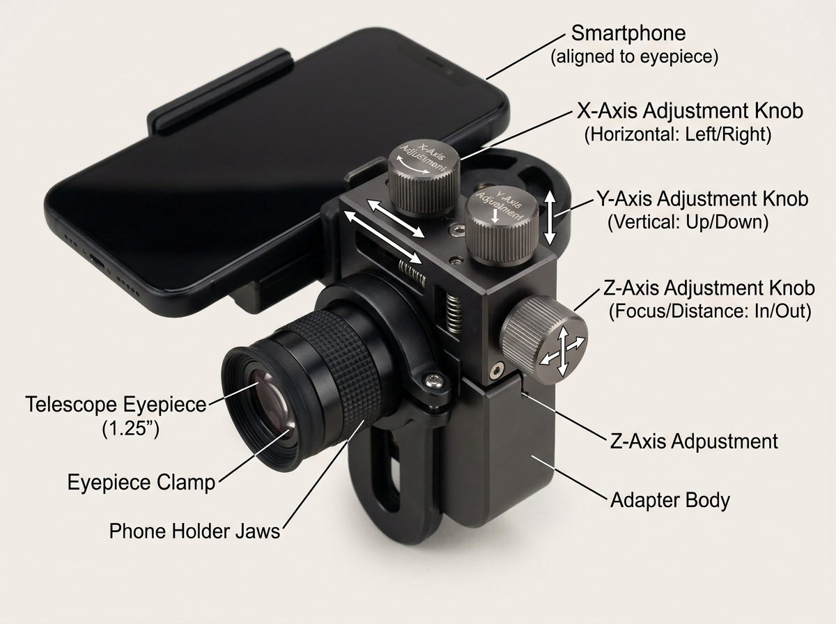 Diagram showing 3-axis adjustment knobs on a smartphone telescope adapter - phone telescope adapter reviews