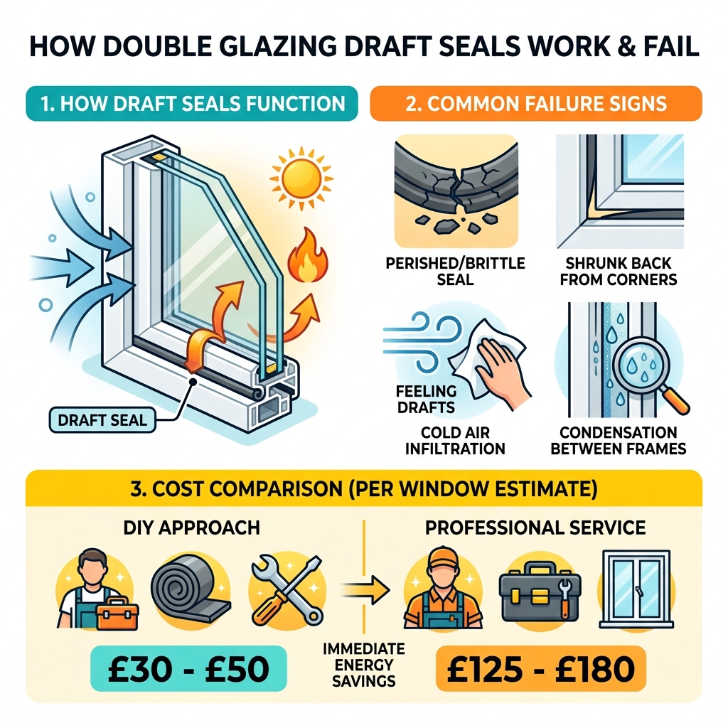Infographic showing how a double glazing draft seal works, common failure signs, and DIY vs professional cost comparison Infographic showing how a double glazing draft seal works, common failure signs, and DIY vs professional cost comparison