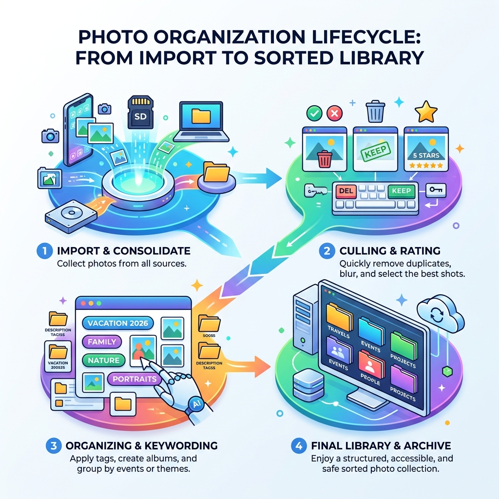 Photo organization lifecycle from import to sorted library infographic - photo sorting tools infographic 