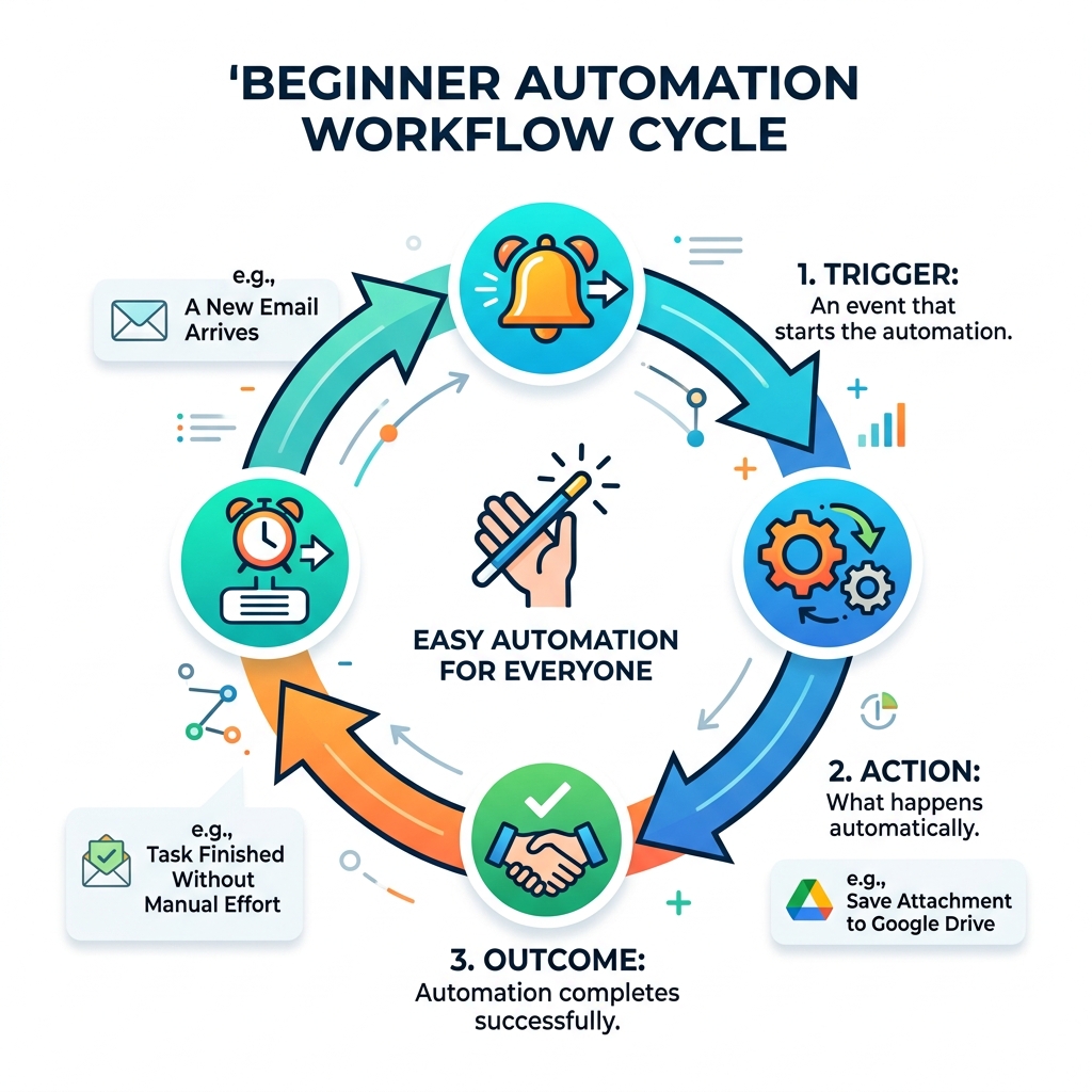 Infographic showing the trigger-action workflow cycle for beginner automation routines - beginner automation routine guide