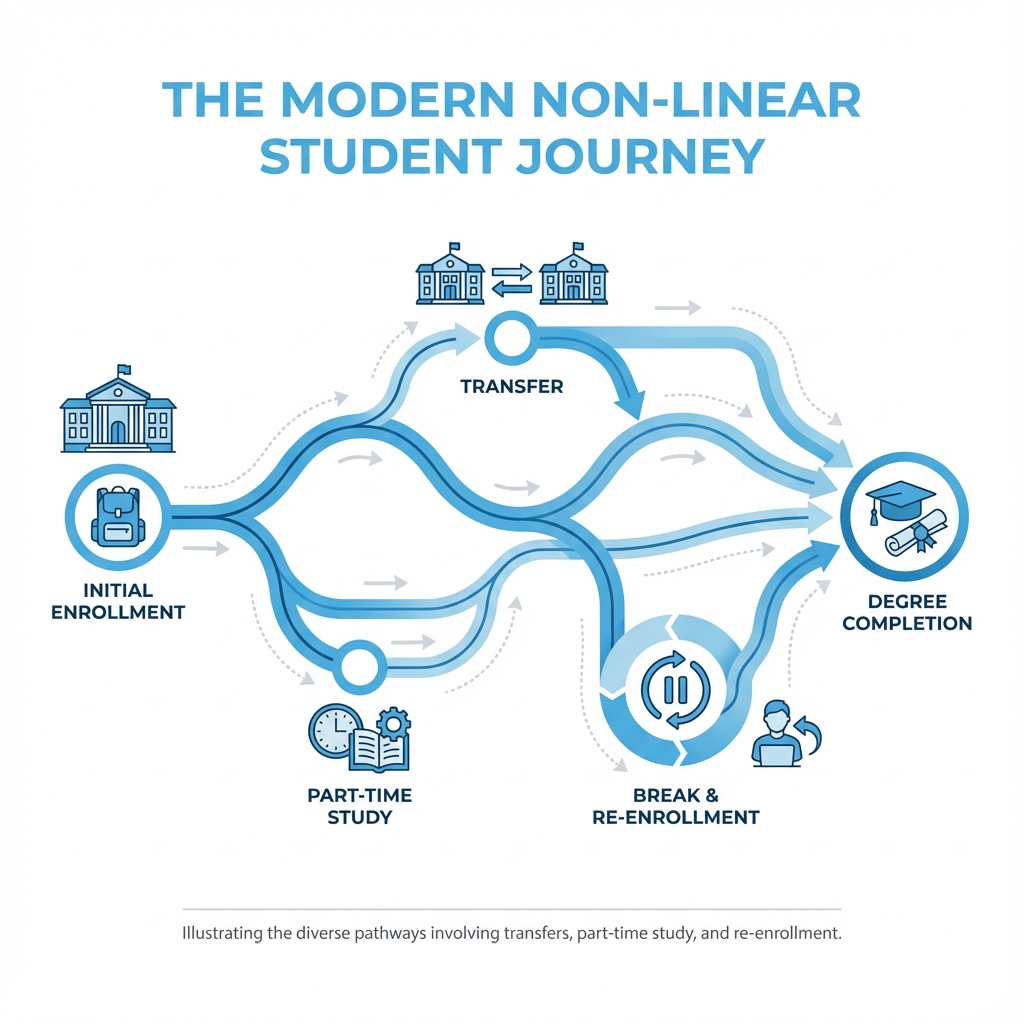 illustrating the non-linear modern student journey, including transfers, part-time study, and re-enrollment - student success data infographic