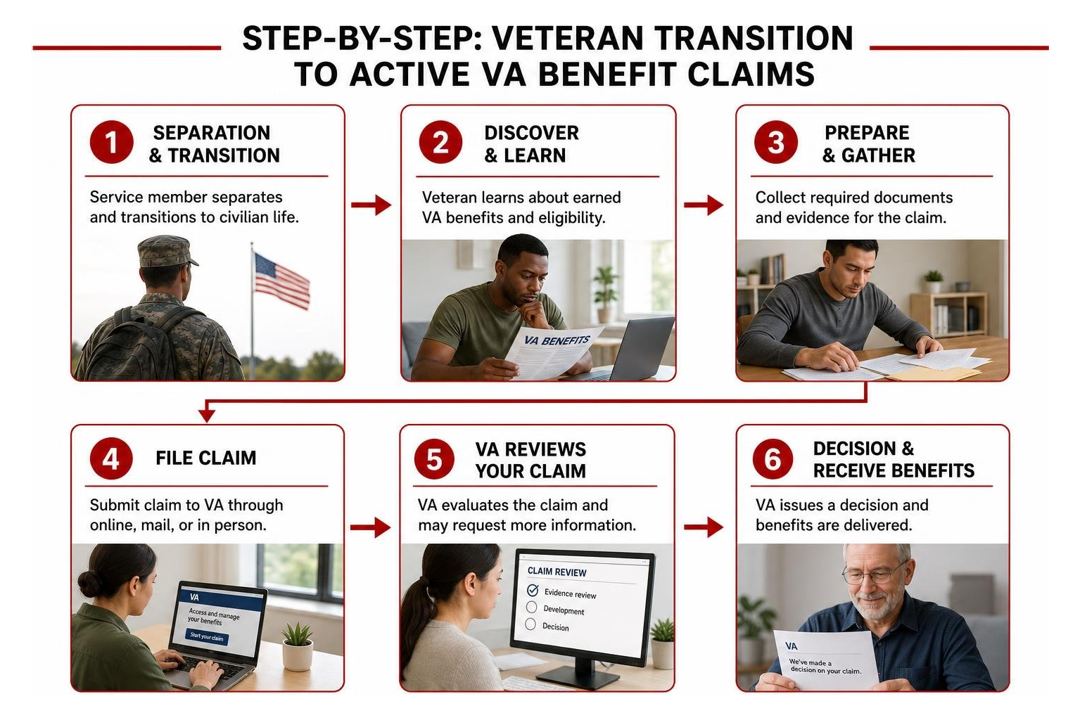 Step-by-step sequence illustrating veteran transition to active VA benefit claims Step-by-step sequence illustrating veteran transition to active VA benefit claims