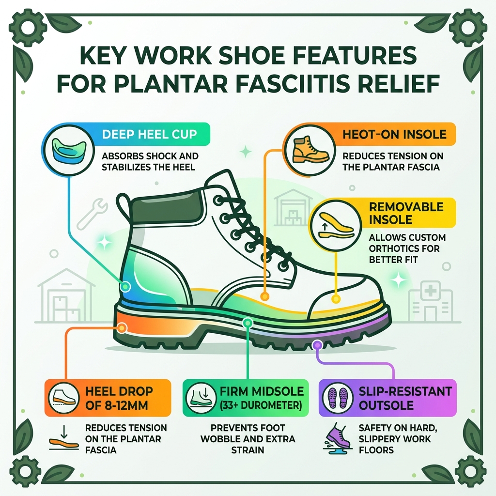 Infographic showing key features of work shoes that relieve plantar fasciitis pain - best work shoes for plantar fasciitis Infographic showing key features of work shoes that relieve plantar fasciitis pain - best work shoes for plantar fasciitis