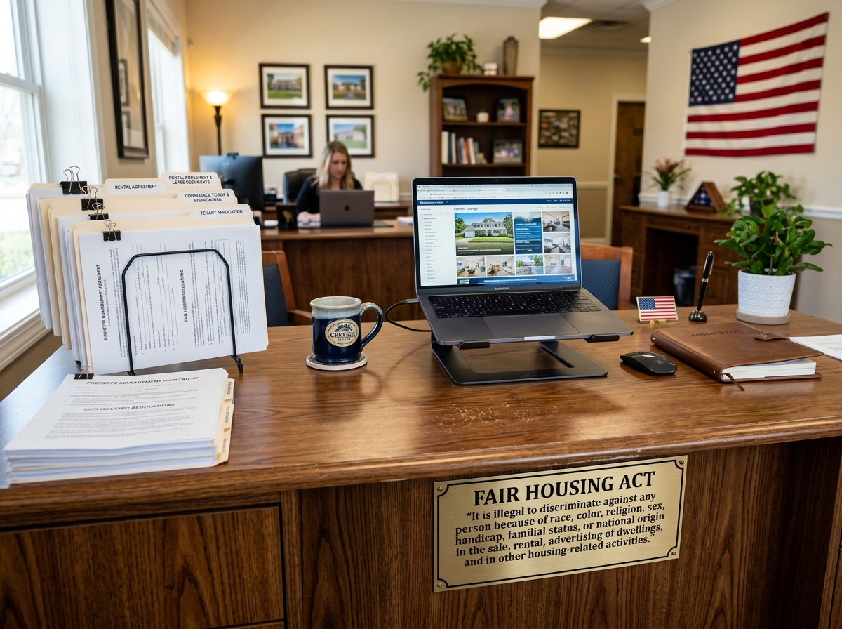 Professional desk with Fair Housing plaque and legal documents - Rental property experts