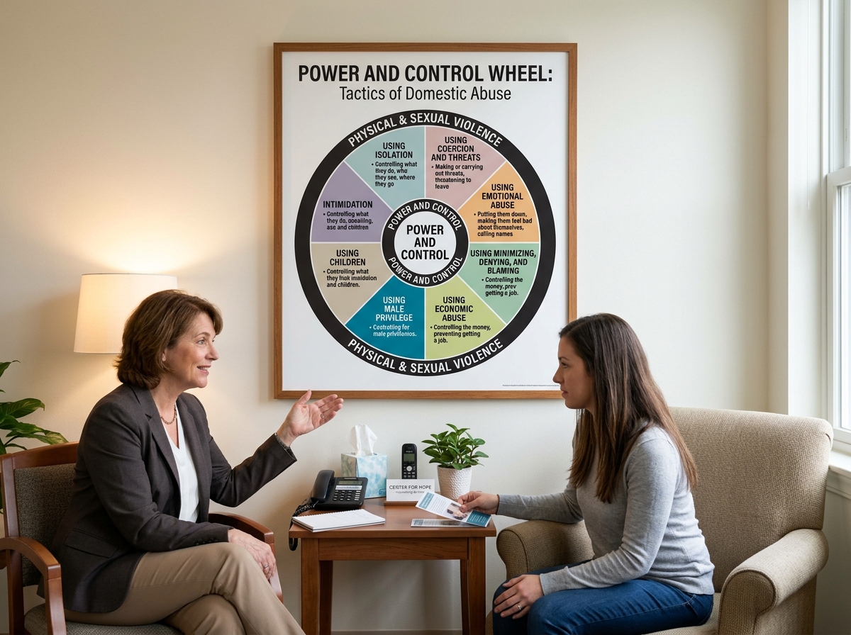 Power and Control Wheel showing tactics of emotional and verbal abuse - effects of emotional abuse on a woman