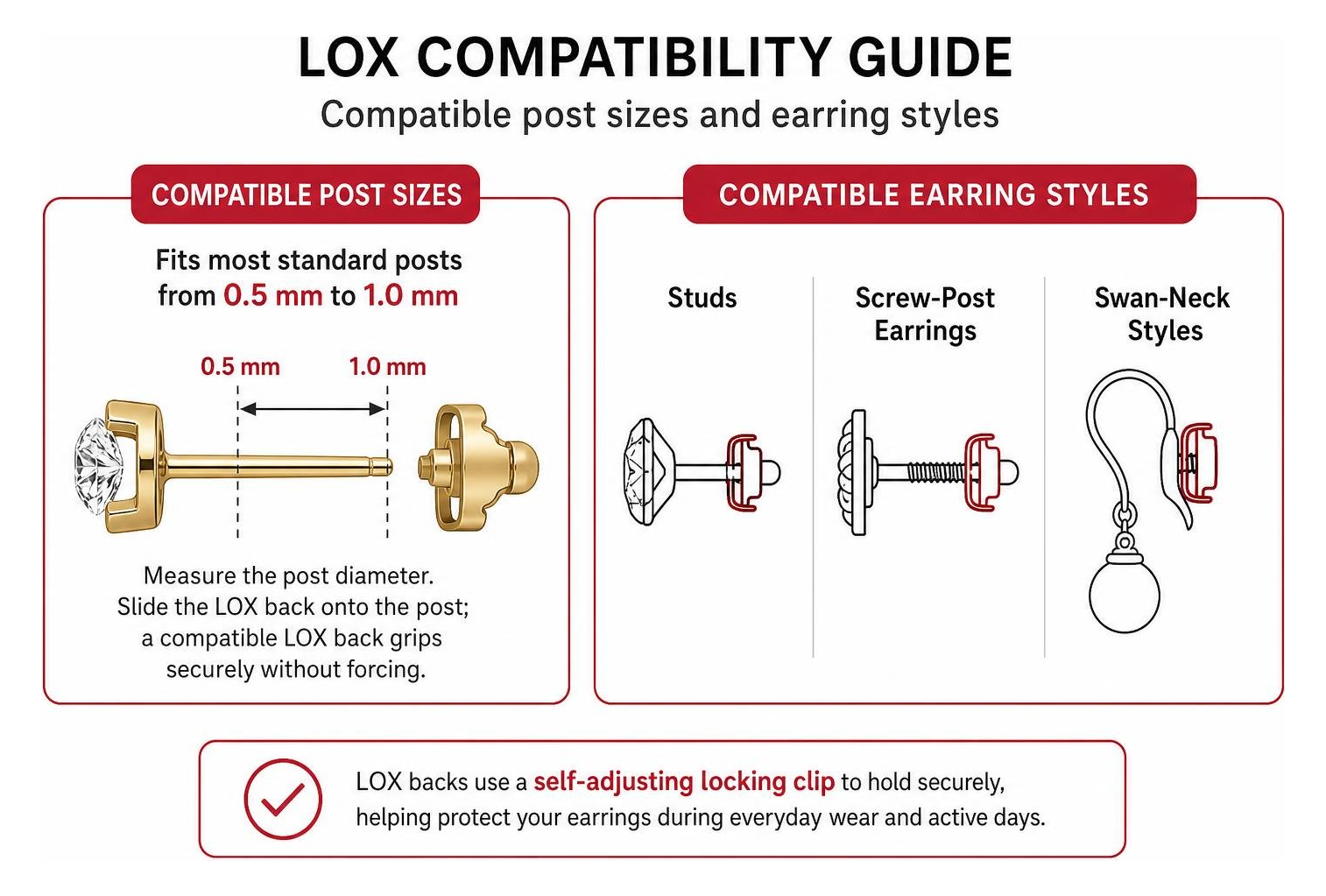 LOX compatibility guide showing compatible post sizes and earring styles LOX compatibility guide showing compatible post sizes and earring styles