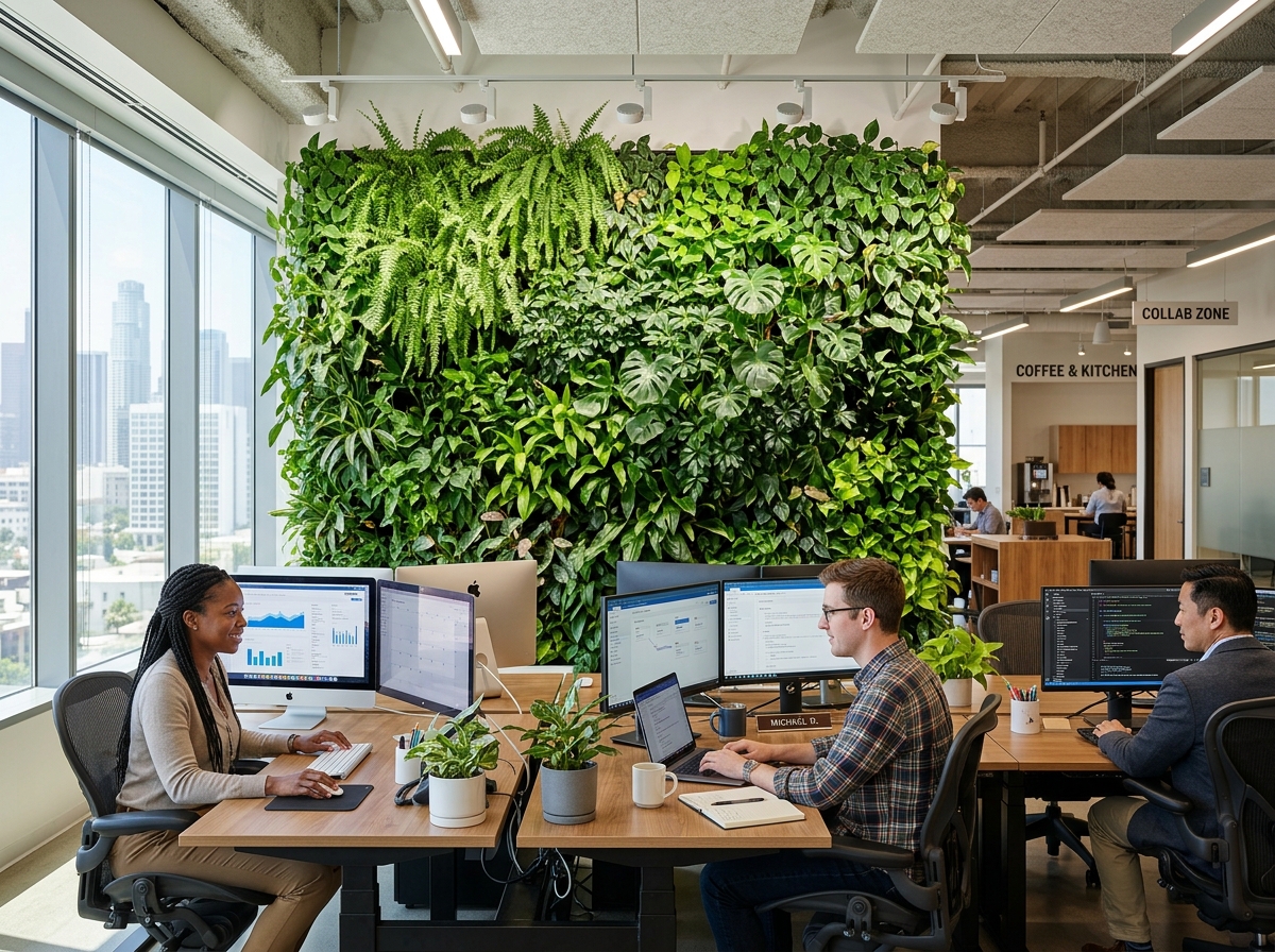 Living wall in a modern office providing a lush green backdrop and boosting productivity - vertical planter wall
