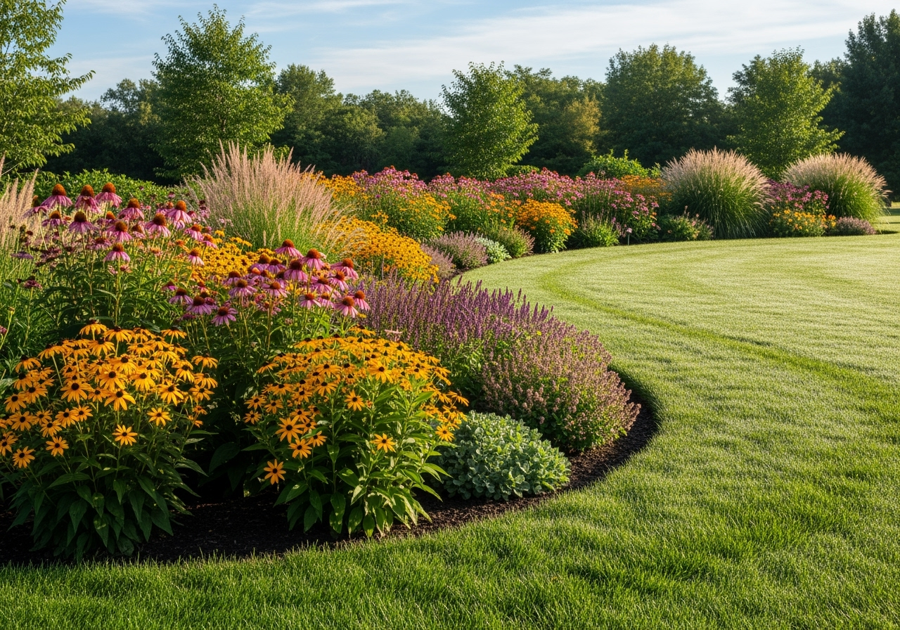 vibrant garden with native plants and a well-maintained lawn - backyard patio builders