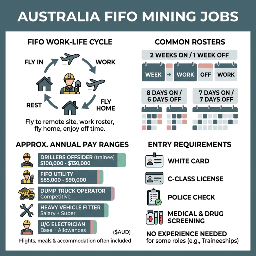 Infographic showing FIFO work-life cycle, common rosters, pay ranges, and entry requirements for Australian mining jobs