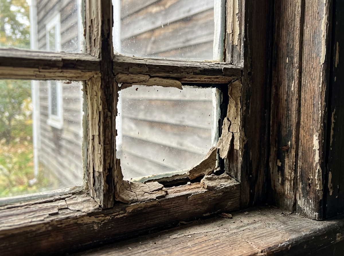 Close-up of loose window glazing and cracked, peeling putty on an old wooden window frame - fix rattling window drafts