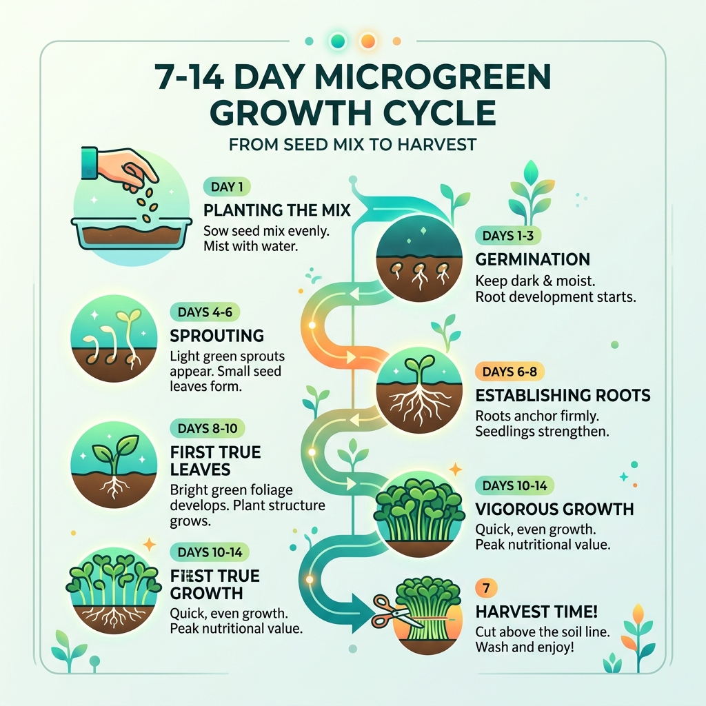Infographic showing the 7-14 day microgreen growth cycle from seed to harvest - microgreen seed mix infographic 