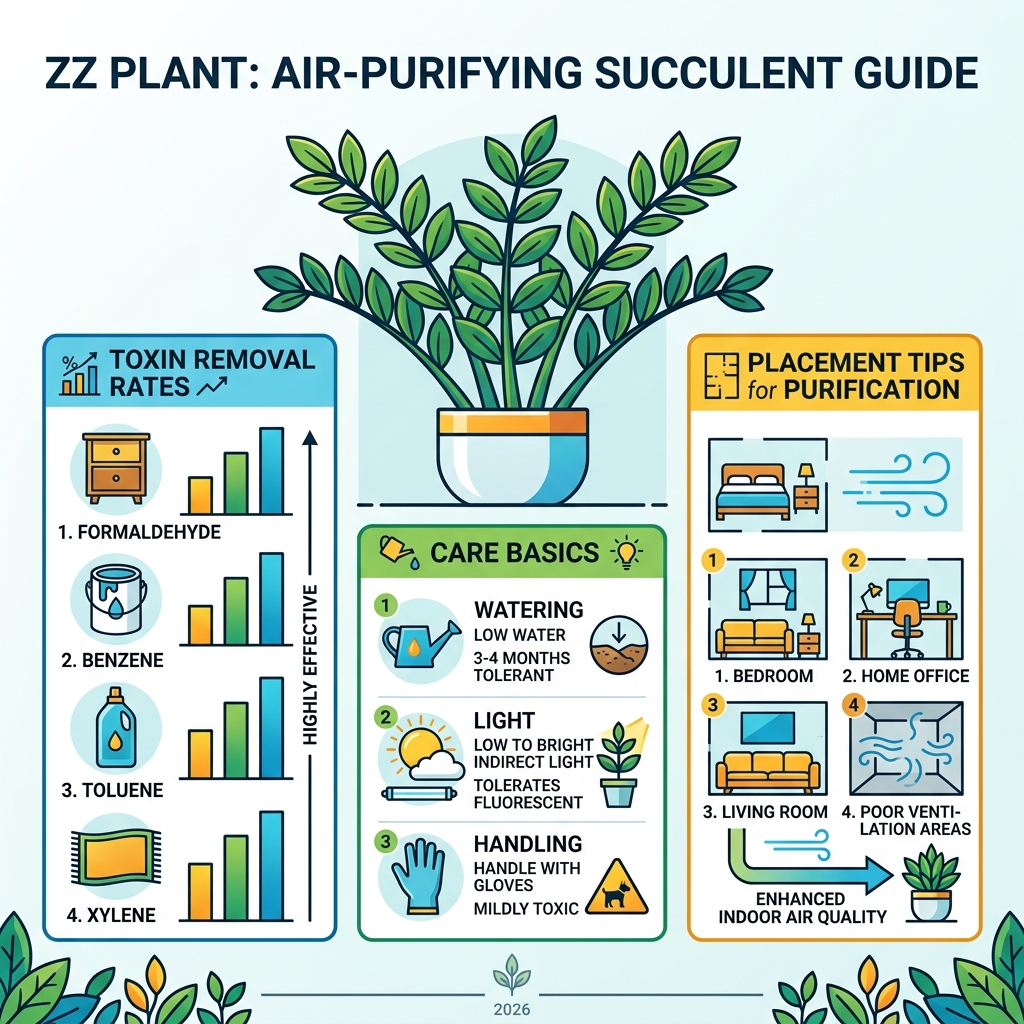 Infographic showing ZZ plant toxin removal rates, care basics, and placement tips for air purification - zz plant air