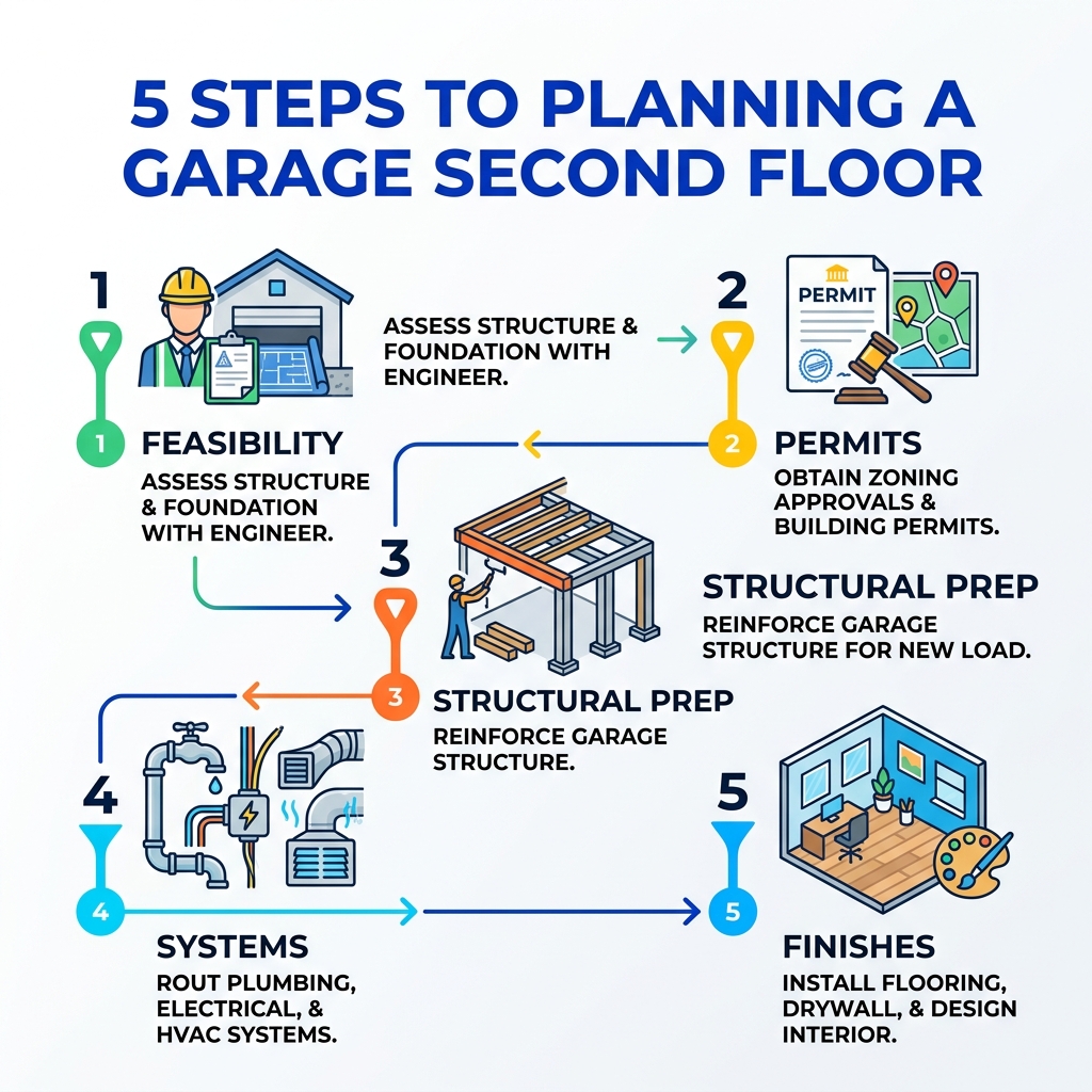5 steps to planning a garage second floor: feasibility, permits, structural prep, systems, and finishes - adding 2nd floor