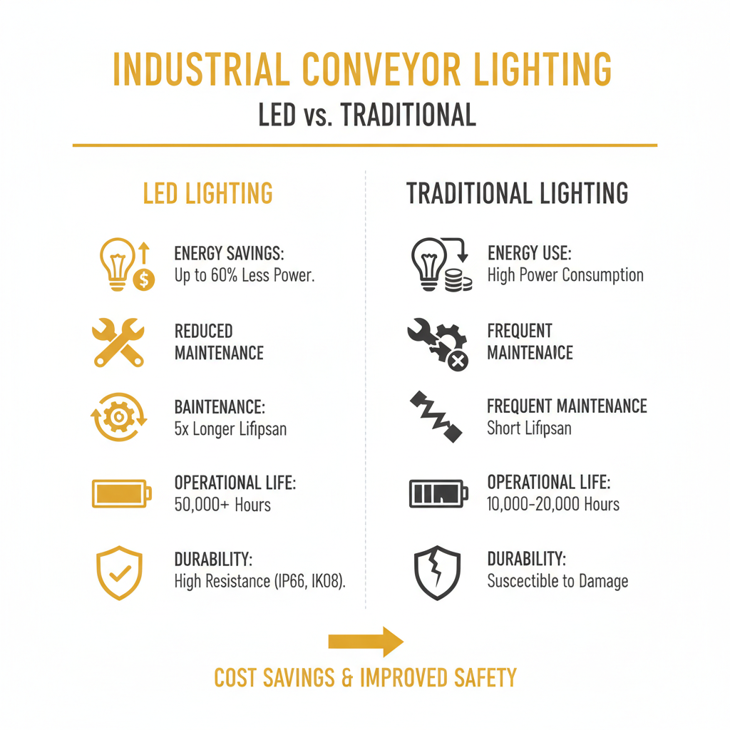 An infographic illustrating the energy savings and reduced maintenance of LED conveyor lighting compared to traditional industrial lighting. - Orient Conveyor Light infographic 