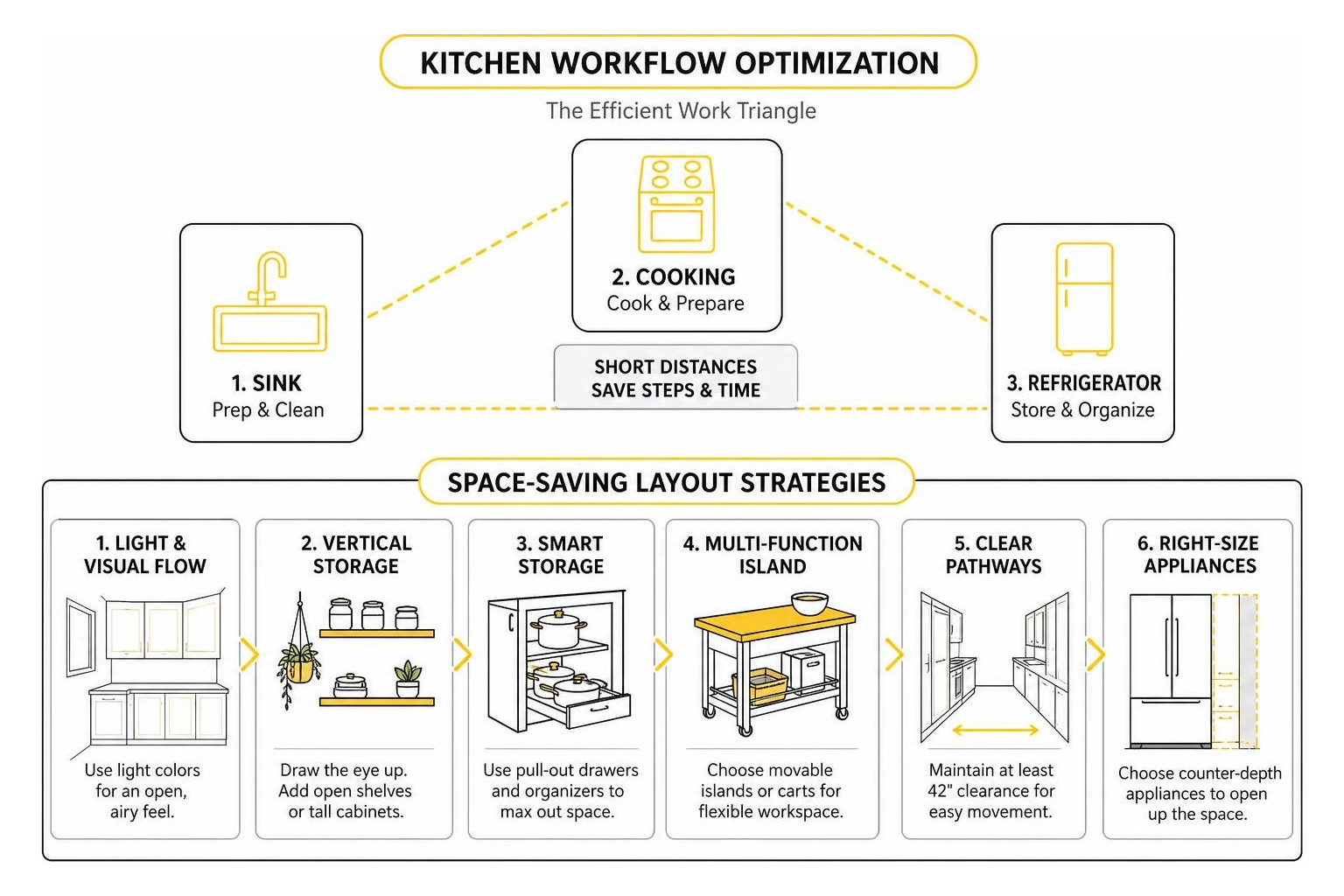 Diagram of kitchen workflow optimization and space-saving layout Diagram of kitchen workflow optimization and space-saving layout