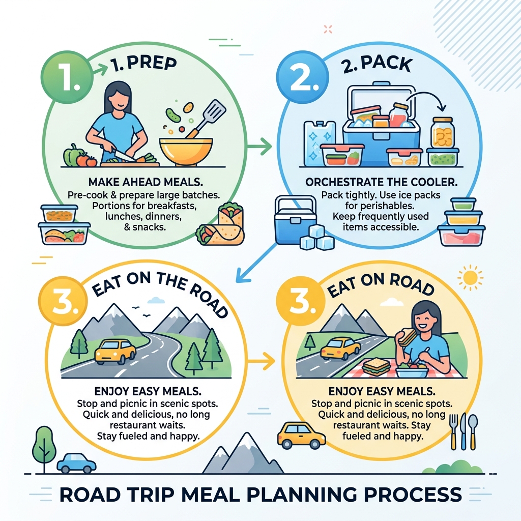 3-step road trip meal planning process: prep, pack, and eat on the road - make ahead road trip meals infographic 3-step road trip meal planning process: prep, pack, and eat on the road - make ahead road trip meals infographic