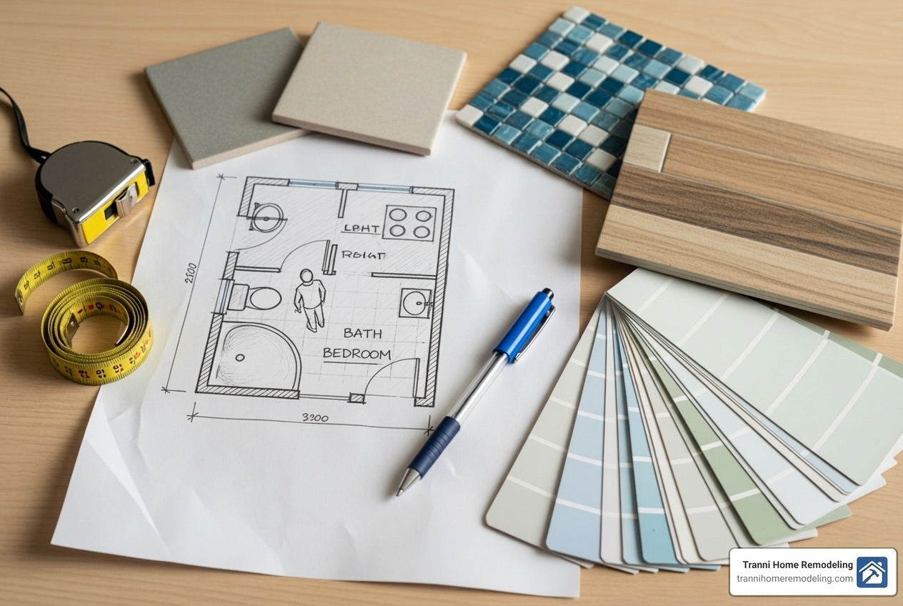 small bathroom floor plan sketch next to tile and paint samples - Renovating small bathrooms small bathroom floor plan sketch next to tile and paint samples - Renovating small bathrooms