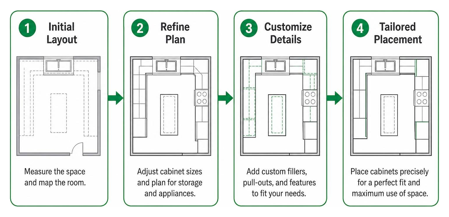 Space planning sequence from initial layout to tailored cabinet placement