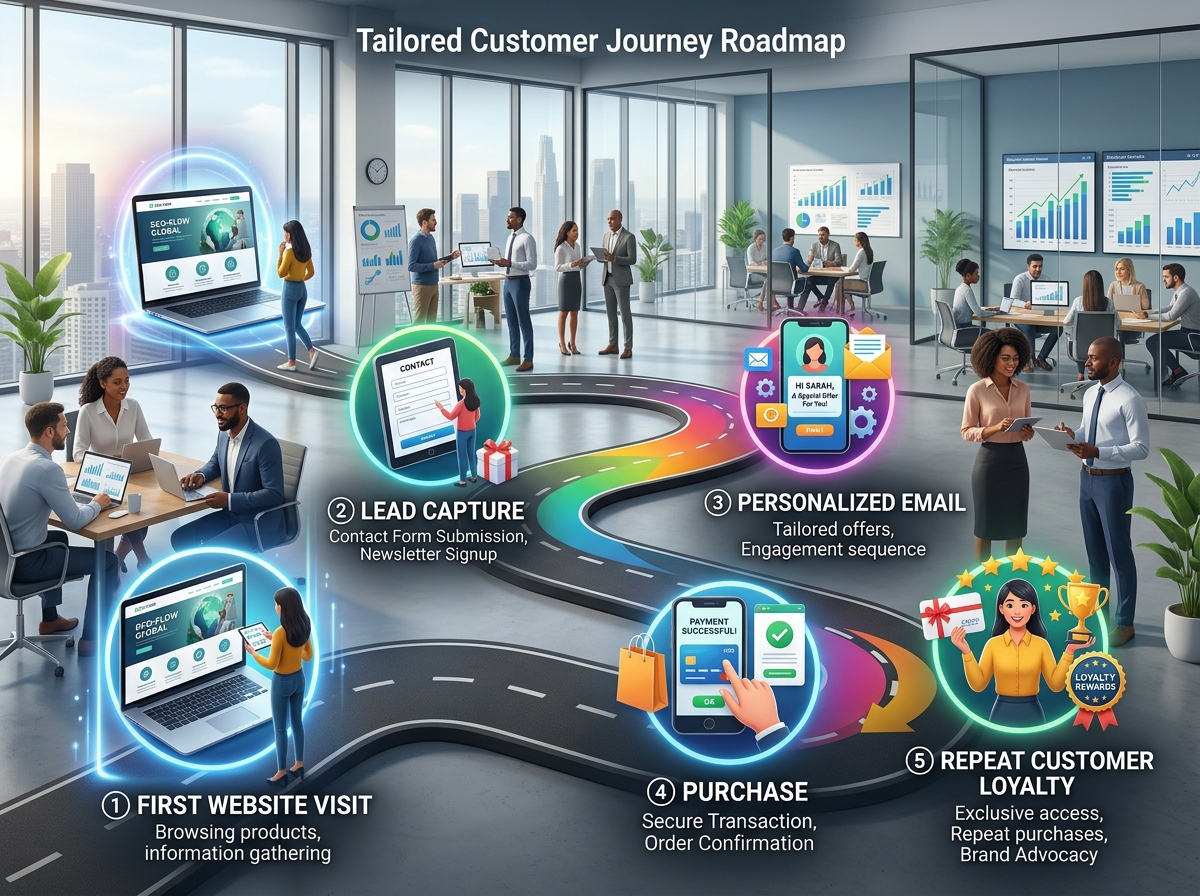tailored customer journey map showing touchpoints from first visit to repeat purchase - personalized marketing automation tailored customer journey map showing touchpoints from first visit to repeat purchase - personalized marketing automation