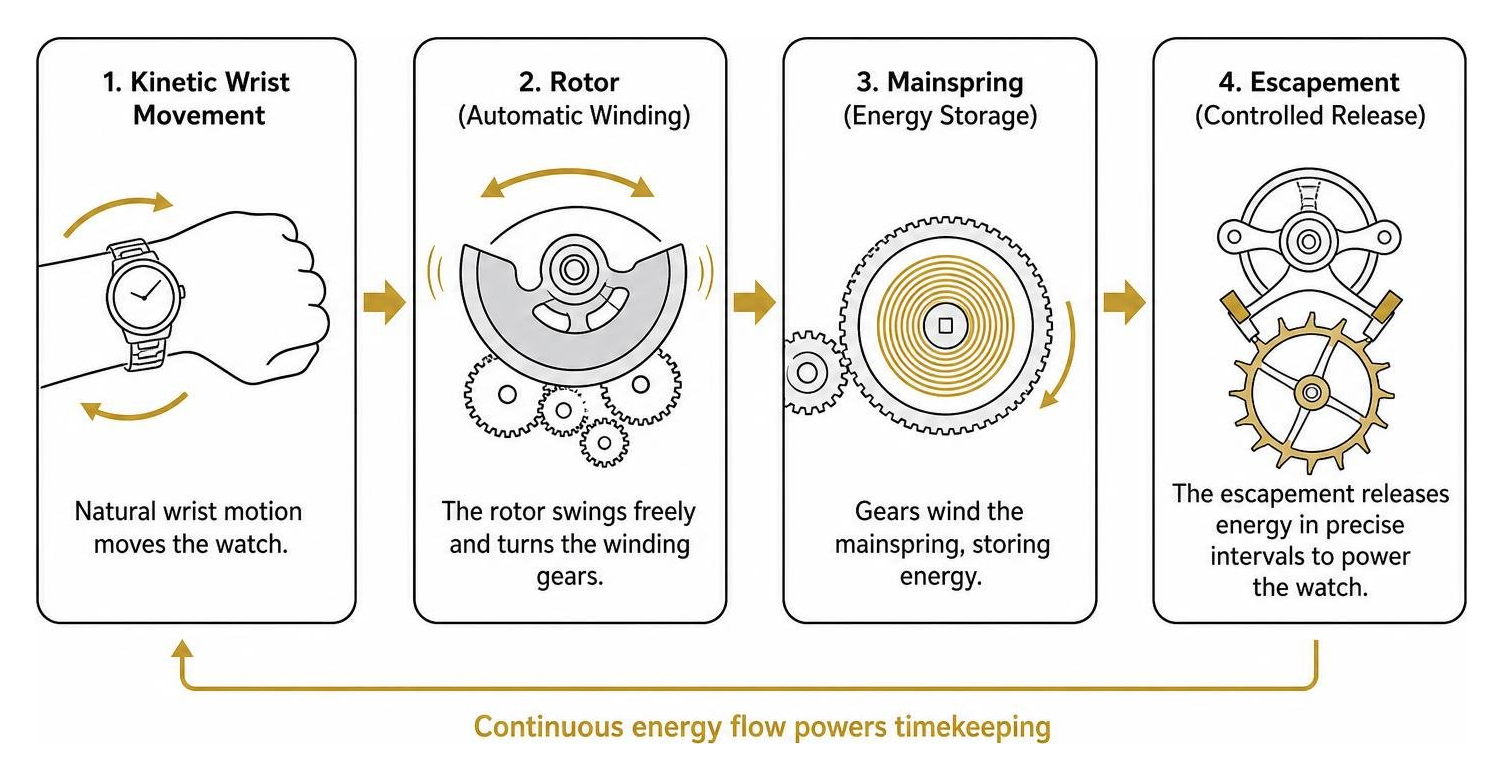 Diagram of energy flow from kinetic wrist movement through rotor and mainspring to escapement Diagram of energy flow from kinetic wrist movement through rotor and mainspring to escapement