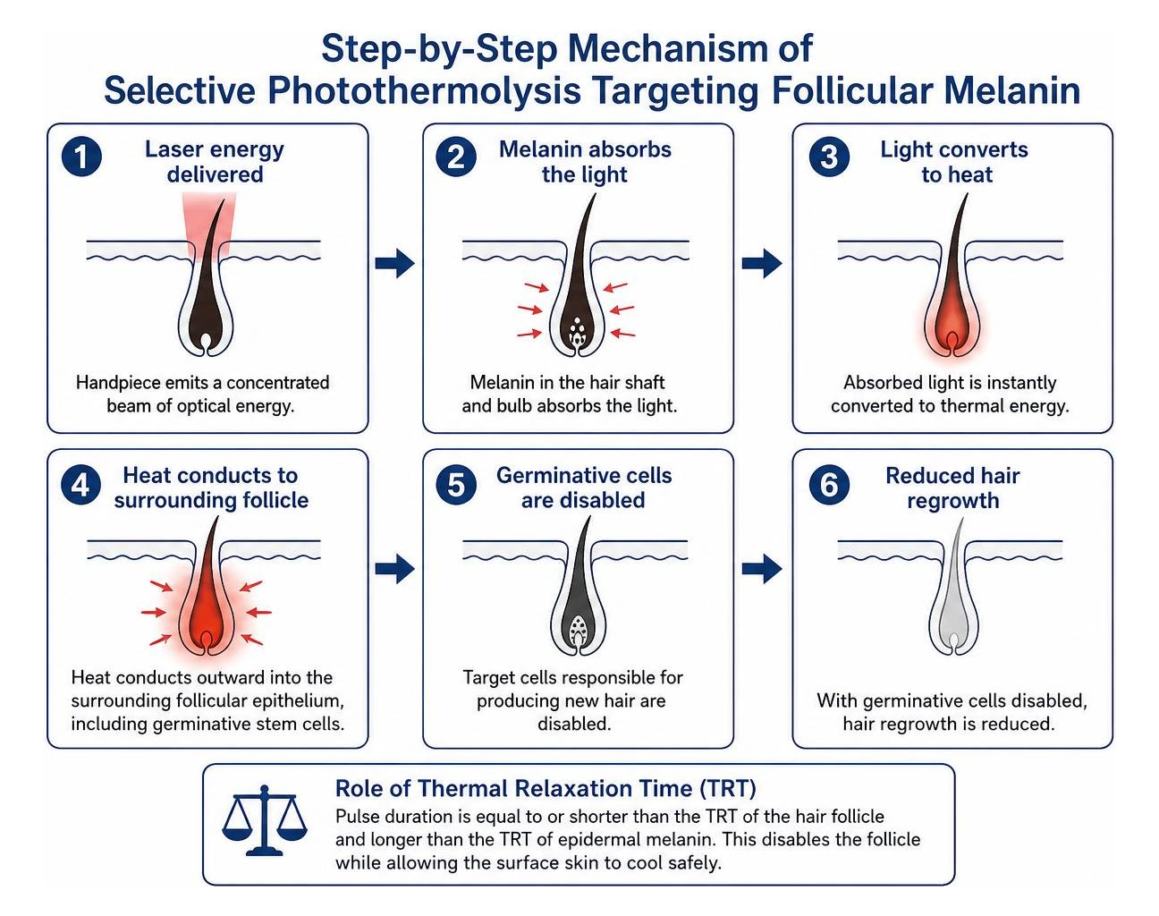 Step-by-step mechanism of selective photothermolysis targeting follicular melanin Step-by-step mechanism of selective photothermolysis targeting follicular melanin