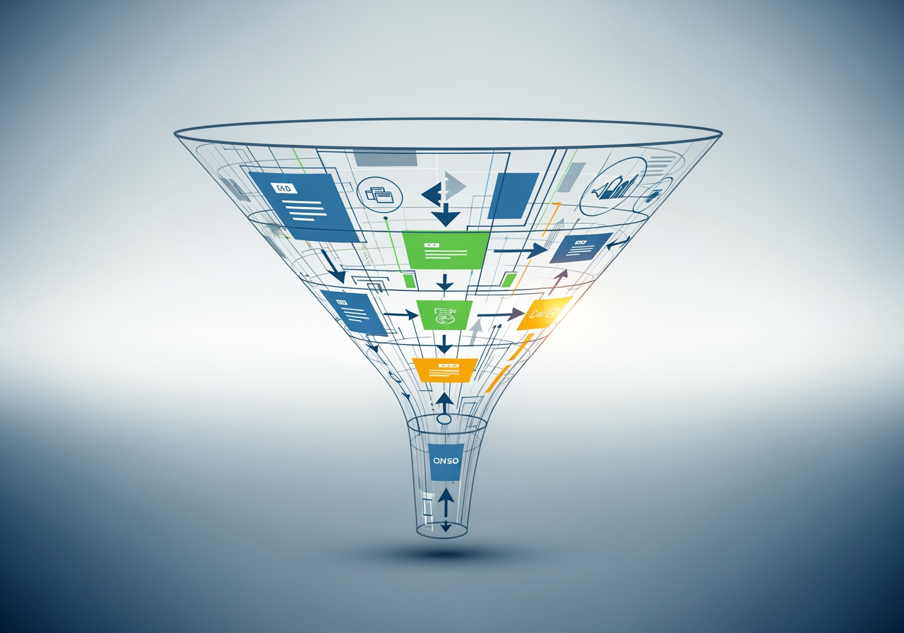 Flowchart showing an automated marketing-to-sales funnel, from lead capture to conversion - business automation