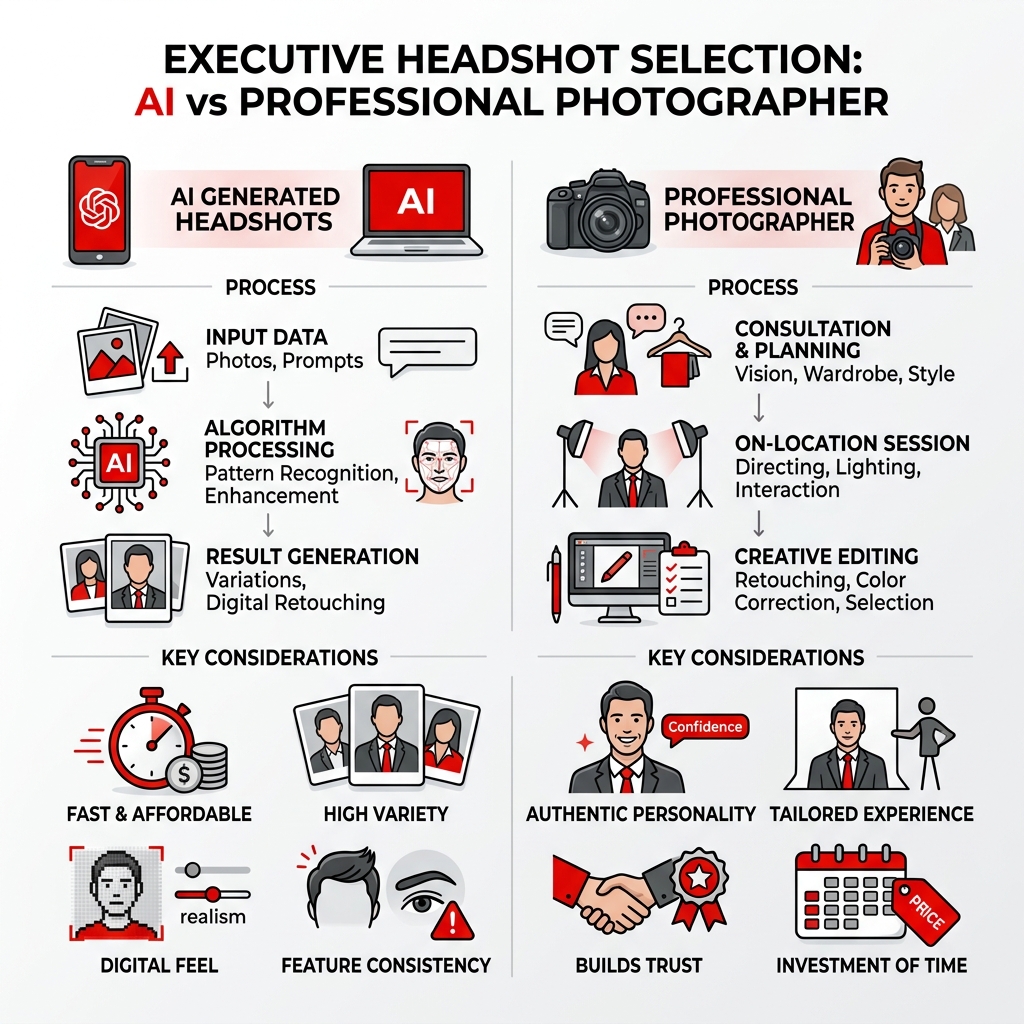 executive headshot selection process: AI vs professional photographer comparison infographic - executive headshots reviews