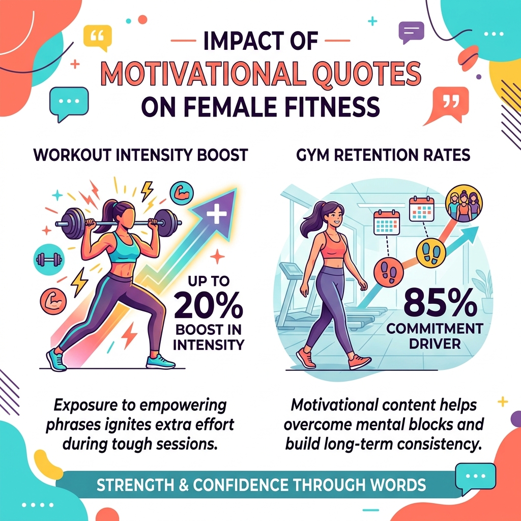 Infographic showing impact of motivational quotes on female workout intensity and gym retention rates - gym quotes for women