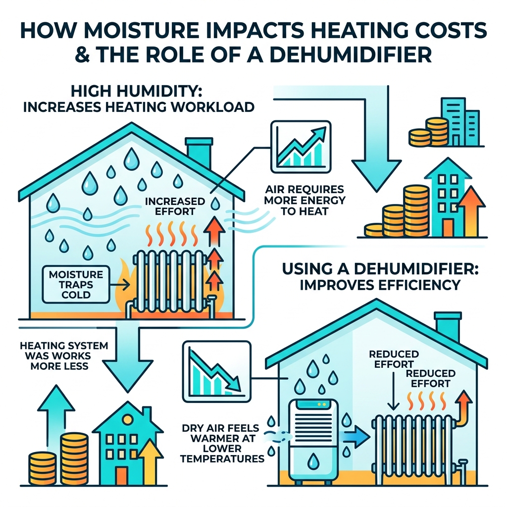 Infographic showing how moisture in the air increases heating costs and how a dehumidifier helps - does a dehumidifier
