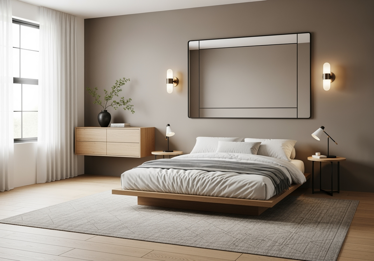 bedroom with wall-mounted sconces and large mirror - modern apartment living