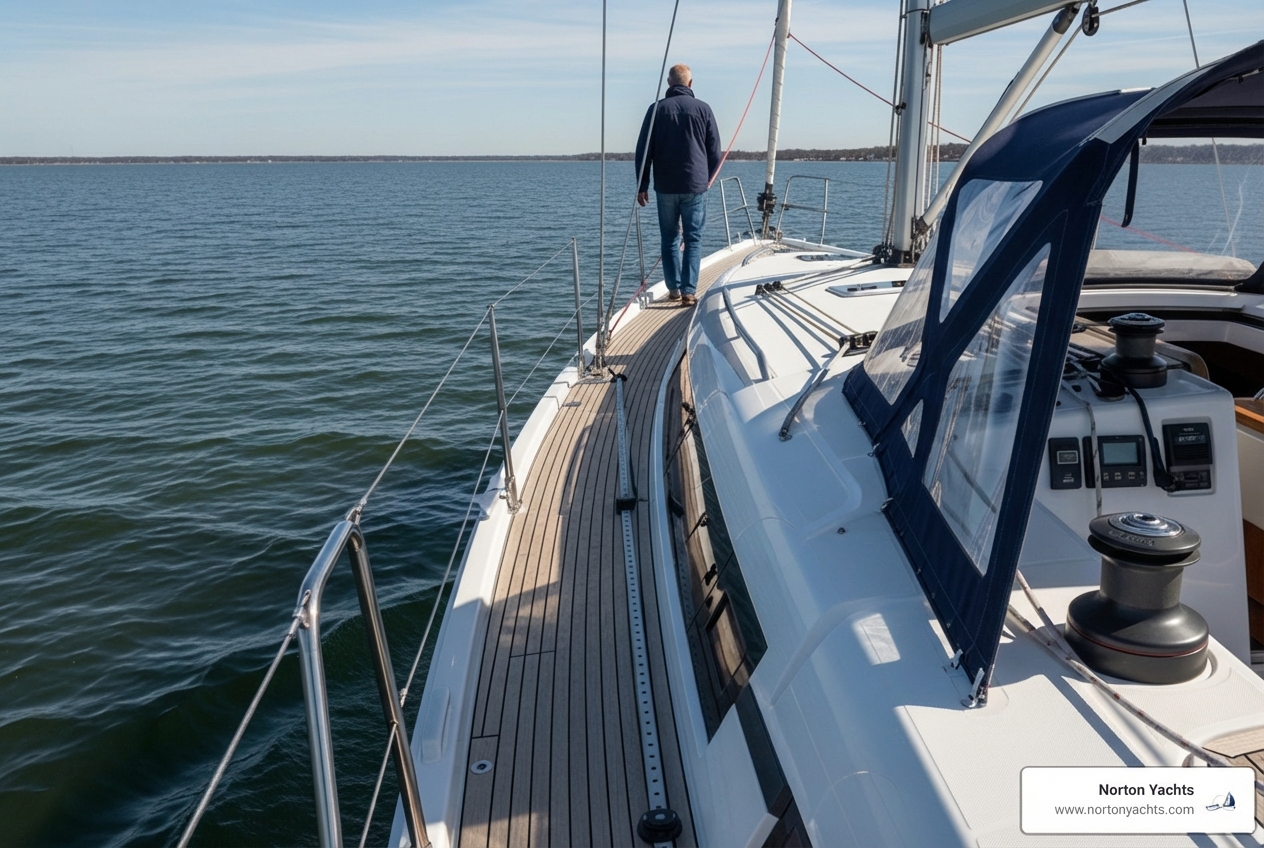 Image of the walk-around deck on a Jeanneau Sun Odyssey 440, showing easy access from cockpit to bow - Jeanneau Sun Odyssey Sailboats Image of the walk-around deck on a Jeanneau Sun Odyssey 440, showing easy access from cockpit to bow…