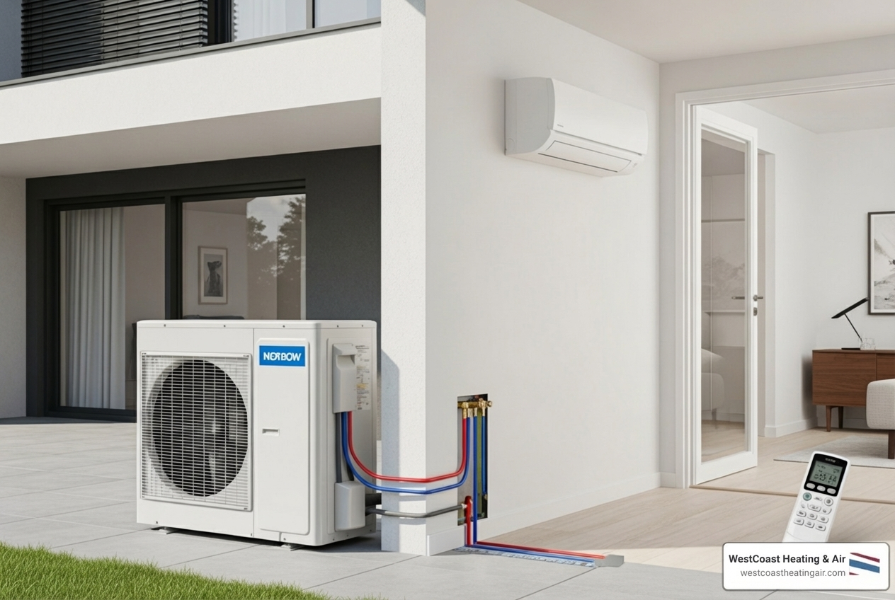 Infographic showing the components of a ductless heat pump system including outdoor condenser unit, indoor wall-mounted air handler, refrigerant lines through small exterior hole, and wireless remote control for zoned temperature management - ductless heating installation company in tacoma, wa Infographic showing the components of a ductless heat pump system including outdoor condenser unit, indoor wall-mounted air handler, refrigerant lines through small exterior hole, and wireless remote control for zoned temperature management - ductless heating installation company in tacoma, wa