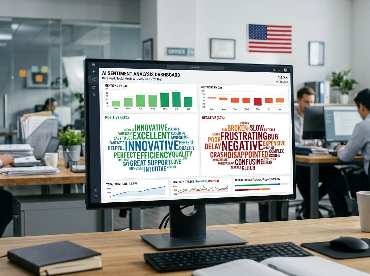 AI sentiment analysis interface showing positive and negative word clouds - reputation monitoring service AI sentiment analysis interface showing positive and negative word clouds - reputation monitoring service