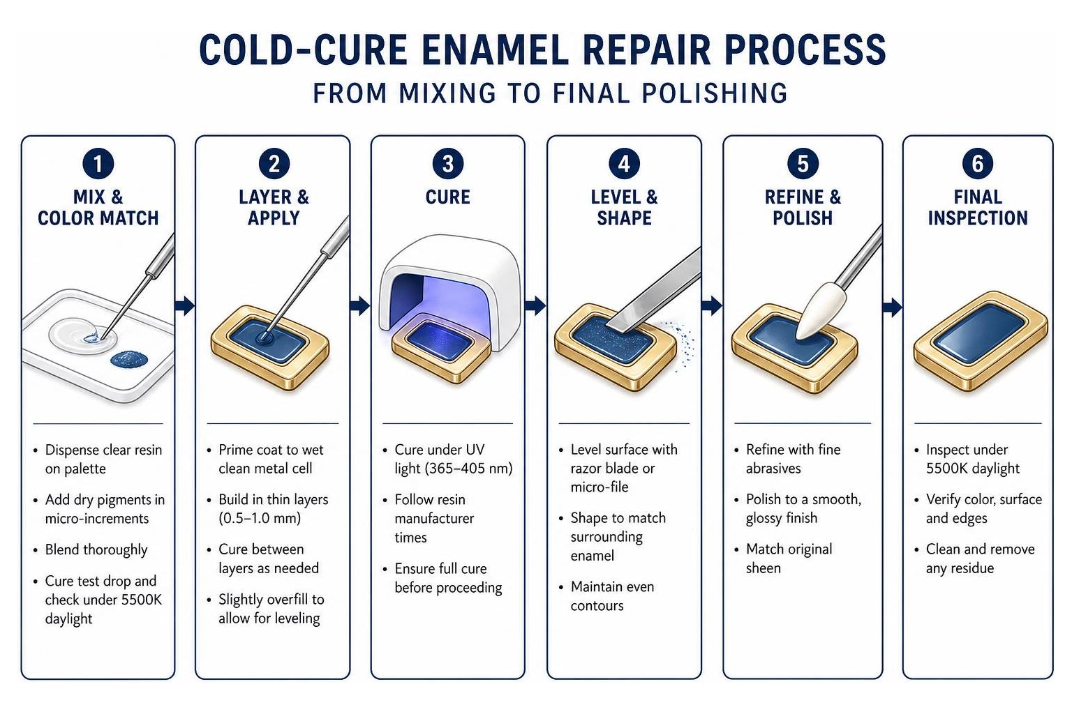 Cold-cure enamel repair process from mixing to final polishing