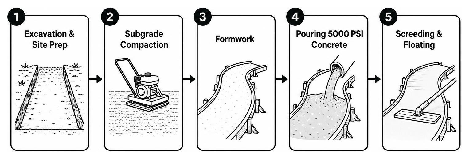 Step-by-step stamped concrete walkway installation process diagram
