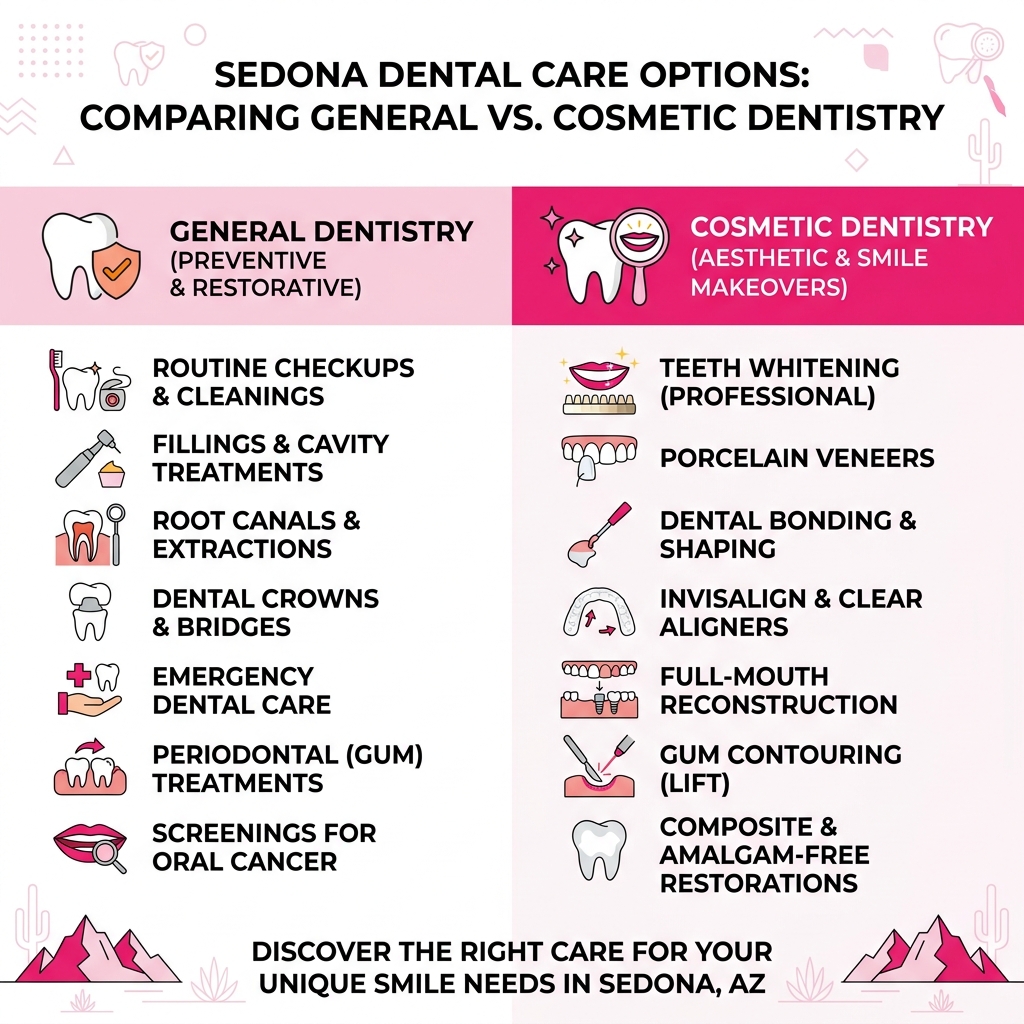 Infographic comparing general dentistry vs cosmetic dentistry services available in Sedona AZ - Sedona dental care