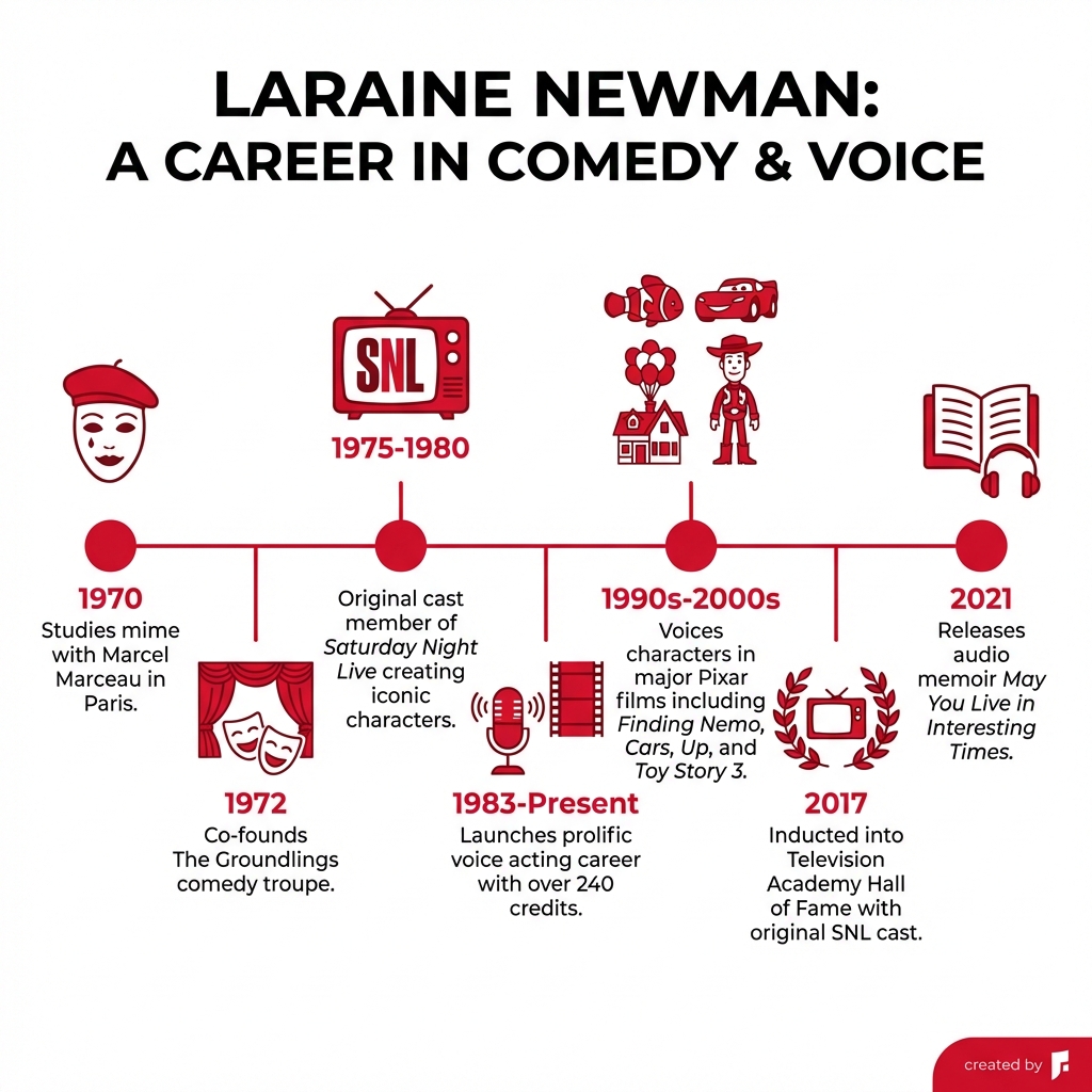 Infographic showing Laraine Newman's career timeline: 1970 - Studies mime with Marcel Marceau in Paris; 1972 - Co-founds The Groundlings comedy troupe; 1975-1980 - Original cast member of Saturday Night Live creating iconic characters; 1983-present - Launches prolific voice acting career with over 240 credits; 1990s-2000s - Voices characters in major Pixar films including Finding Nemo, Cars, Up, and Toy Story 3; 2021 - Releases audio memoir May You Live in Interesting Times; 2017 - Inducted into Television Academy Hall of Fame with original SNL cast - laraine newman infographic Infographic showing Laraine Newman's career timeline: 1970 - Studies mime with Marcel Marceau in Paris; 1972 - Co-founds The Groundlings comedy troupe; 1975-1980 - Original cast member of Saturday Night Live creating iconic characters; 1983-present - Launches prolific voice acting career with over 240 credits; 1990s-2000s - Voices characters in major Pixar films including Finding Nemo, Cars, Up, and Toy Story 3; 2021 - Releases audio memoir May You Live in Interesting Times; 2017 - Inducted into Television Academy Hall of Fame with original SNL cast - laraine newman infographic