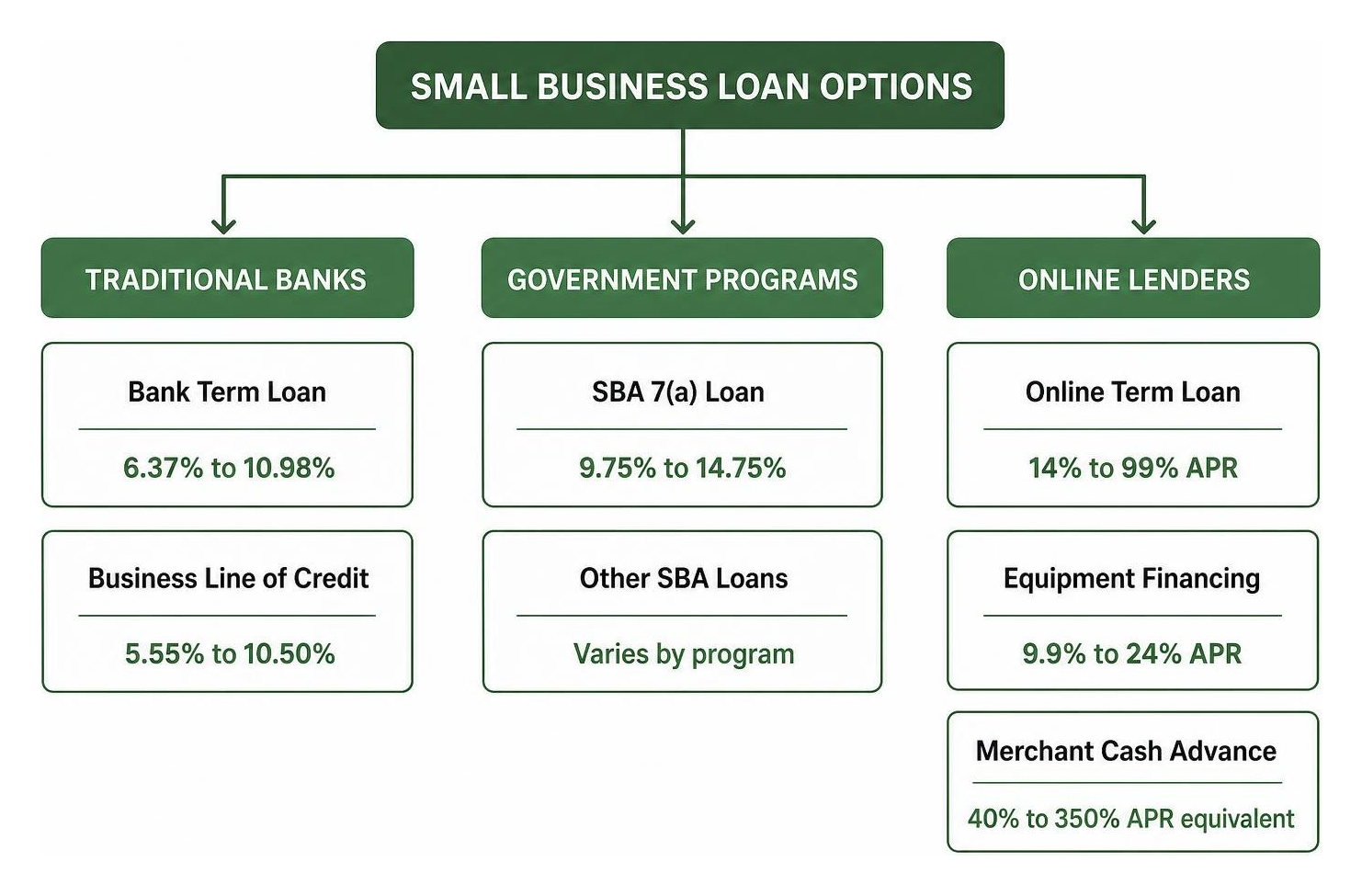 Diagram showing loan options across traditional banks government programs and online lenders